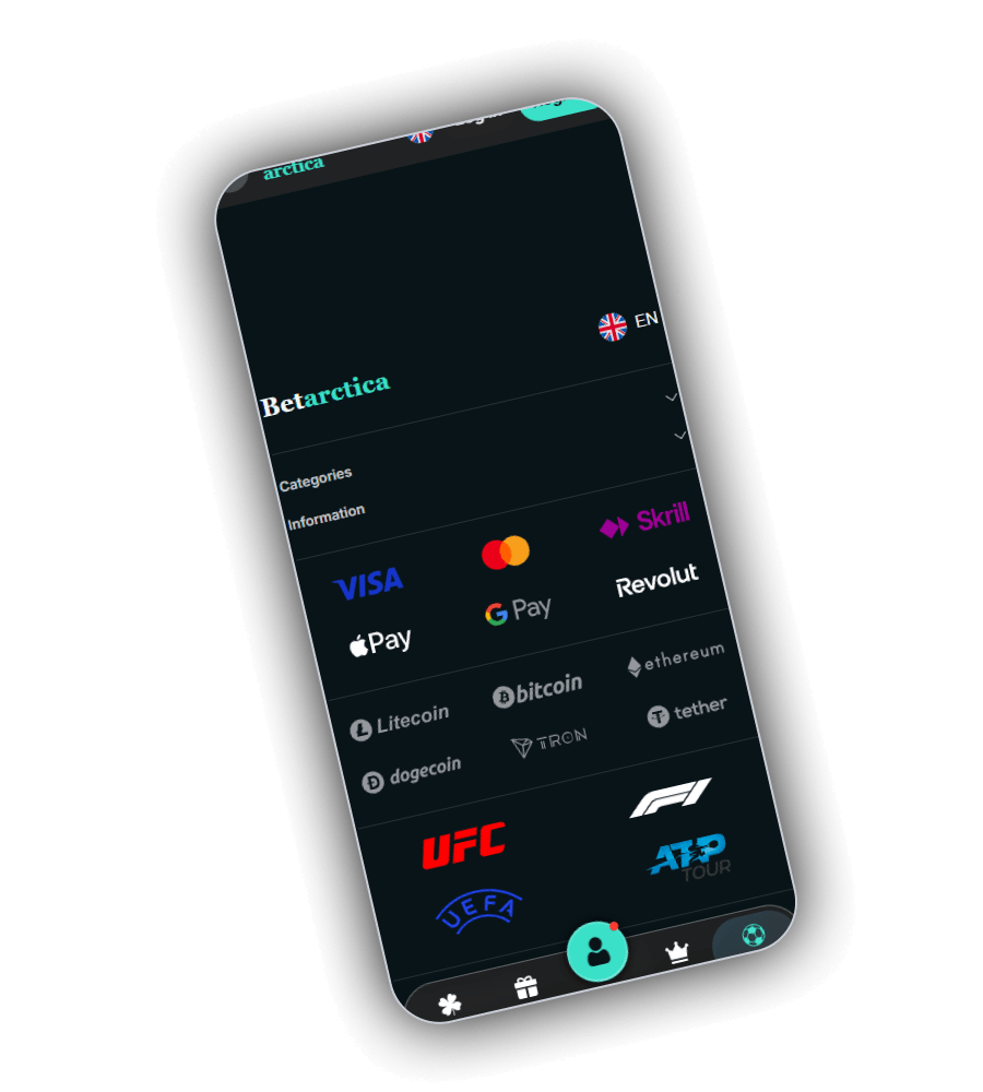 Betarctica menu with Visa, Mastercard, Skrill, Apple Pay, Google Pay, Revolut and six cryptocurrencies