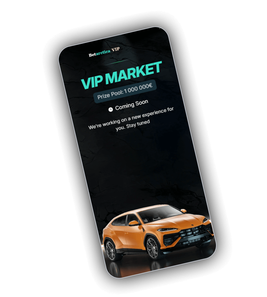 Betarctica VIP Market screen with the 1,000,000 euro prize pool and a Lamborghini Urus